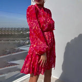 runhufu V-Neck Print Lantern Sleeve Chiffon High-Waisted Dress In Autumn 2024