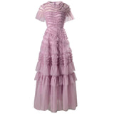 runhufu Wind Round Collar Lotus Leaf Side Splicing Short Sleeves Big Swing Purple Dress Dress Women's Autumn And Winter New 2024