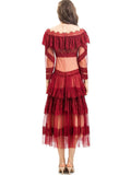 runhufu Round Collar Lotus Side Spliced Long Sleeve Elegant Lace Wine Red Dress Women's Autumn New 2025