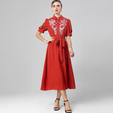 runhufu Industry Embroidered Flower Lily Collar Short Sleeve Tie Tight Waist High Dress Station Spring And Summer Woman 2025