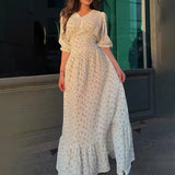 runhufu Women's Summer V-Neck Lantern Half-Sleeved High-Waisted Temperament Splicing Dress