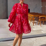 runhufu V-Neck Print Lantern Sleeve Chiffon High-Waisted Dress In Autumn 2024