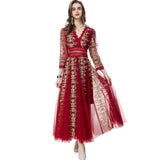 runhufu V-Neck Seven-Sleeve Embroidered Mesh Dress Dress Spring And Summer Women's New 2024