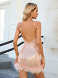 runhufu Women's Sexy V-Necked Dress High-End Temperament Cane Stitched Feathered Ass Skirt Dress Dress