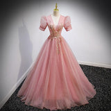 runhufu Evening Dress Dress Female Solid Color Host V Lead French Princess Vocal Art Test Solo Performance Dress Pink