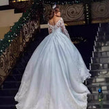 New Flesh-Colored Lace-Net Wedding Dress African Bride Long-Sleeved Diamond Decorated With Large Tailed White Wedding Dress Summer