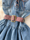 Runhufu Fashion Streetwear Denim Dress Spaghetti Strap Cross Lace Up Bow Belt Zipper Pleated Women American Vintage Mini Dress