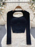 Runhufu Women Sporty Tops Square Collar Long Sleeve Backless Kink With Chest Pad Slim Fit American Streetwear Sexy Mini Blouse