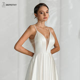 Runhufu Simple Satin Ivory V Neck Wedding Dresses For Women Party Sleeveless Sexy Backless A Line Bride White Bridal Gown Vesti