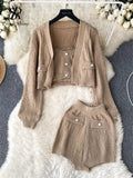 Runhufu Autumn Knitted Three Pieces Sets Long Sleeved Cardigan+ Single Breasted Strapless+ Stretch High Waisted Shorts Suits