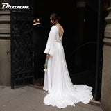 Runhufu V Neck Long Puff Sleeves Bobo Wedding Dress 2024 A Line Backless High Slit Sweep Train Simple Chiffon Bridal Gown