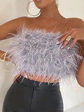 Runhufu Vintage Furry Feathers Bandeau Tube Tops Summer Chic Women Off-Shoulder Crop Tank Tops Strapless Backless Bustiers Tops