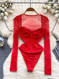 Runhufu 2024 New Spring Diamonds Bodysuits American Long Sleeve Slim Skinny Playsuits Female Sexy Perspective Mesh Rompers