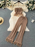 Runhufu Summer Knitted Beach Two Pieces Sets Women Halter Backless Camis+Wide Legs Long Pants Tassel Hollow Out Bohe Suits