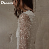 Runhufu Long Sleeves Sequin Short Wedding Dress For Women Above Knee Beaded Feather Mini Sheath Modern Bridal Gown