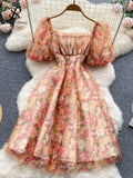 Runhufu Splice Mesh Floral Print Dress Women Summer 2024 Slim Elastic Waist Square Neck Gentle Ladies A Line Sweet Dresses