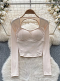 Runhufu Women Sporty Tops Square Collar Long Sleeve Backless Kink With Chest Pad Slim Fit American Streetwear Sexy Mini Blouse