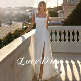 Runhufu Square Collar White Wedding Dresses For Women Side Split Sleeveless Belt Modern Button Bride Gown Backless Robe de Mariée