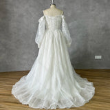 Runhufu Off Shoulder Lace Glitter Tulle Wedding Dresses Long Puff Sleeve 3D Flowers Boho Bride Gown 2024 Vestidos De Novia
