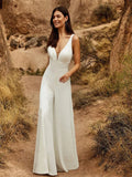 Runhufu In 1 Wedding Jumpsuit With Detachable Skirt Two Pieces Bridal Dresses Pants Suit For Women Lace Tulle V-Neck Sweep Train
