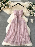 Runhufu Fashion Temperament Long Dress Spaghetti Strap Sleeveless Design Female Solid Senior Embroidery Mesh Party Dress
