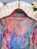 Runhufu American Retro Tie Dye Print Playsuits Stand Collar Long Sleeves Slim Artistic Top Open Crotch Mesh Sexy Bodysuits