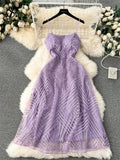Runhufu Fashion Temperament Long Dress Spaghetti Strap Sleeveless Design Female Solid Senior Embroidery Mesh Party Dress