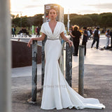 Runhufu Deep V-Neck Mermaid Wedding Dresses Flare Sleeve Lace Appliques Bridal Gowns Customizable Vestido De