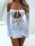 Runhufu Cutout Crochet Knit Mini Dress Women Sexy Off-Shoulder Long Sleeve Hollowed Tie-up Bandeau Tube Top Dress Beach Clubwear