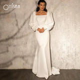 Runhufu Square Collar Satin Wedding Dresses 2023 Elegant Mermaid Puff Sleeves Bridal Gowns Simple Sweep Train Robe Mariage Femme