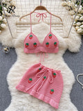 Runhufu Strawberry Sweet Beach Two Pieces Sets Halter Backless Camis+Short Skirts Fashion Hook Flower Hollow Out Beach Suits