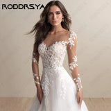 Runhufu Elegant Wedding Dresses For Woman Long Sleeves Scoop Illusion Bridal Gowns Lace Applique A-Line Tulle vestido de noiva