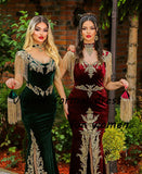 Runhufu robe Green Burgundy Velvet Mermaid Evening Dresses for Women Gold Appliques Luxury Arabian Formal Prom Dress with Slit