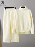 Runhufu Women Casual Fashion Sweater Sets Turtleneck Loose Thick Knit Top+Elastic Wide Leg Long Pants Winter Two Pieces Suits