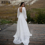 Runhufu Simple Puff Sleeve Wedding Dress Bridal Long A Line Backless Beach Bride Gown Sweep Train Chiffon Robe De Mari¨¦e Vestidos