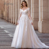 Runhufu V-Neck Wedding Dresses Plus Size Lace Long Sleeve Women White Open Back Tulle Bridal Gown Sweep Train Vestidos De Novia