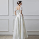 Runhufu Square Collar Satin Wedding Dresses Simple Suknia Slubna With Princess Puff Sleeves New Elegant A Line Robe De Mariee