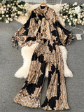 Runhufu American Fashion Senior Suits Bow Collar Batwing Sleeve Top+Pleated Long Pant 2024 Women Casual Loose Printed Sets
