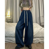 Runhufu Women Vintage Baggy Jeans Elastic Waist Oversized American Trouser Denim Wide Leg Streetwear Straight Basic Pants Y2k