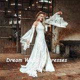 Runhufu Halter Lace Beach Boho Wedding Dresses Flare Sleeves High Split Summer Flowying Train Backless Bridal Gowns Custom Size
