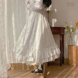 Runhufu Solid Color Double Layer Vintage French Ruffled A-line Skirt Hepburn Style Black White Half Skirt Female Long Skirts