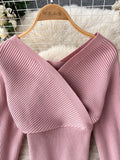 Runhufu Winter Casual Knitted Two Pieces Suits V Neck Long Sleeve Sweater+ Elastic Casual Long Pants Sets Women Sweater Sets