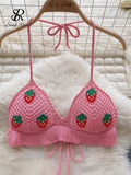 Runhufu Strawberry Sweet Beach Two Pieces Sets Halter Backless Camis+Short Skirts Fashion Hook Flower Hollow Out Beach Suits