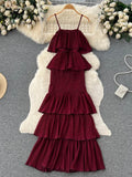 Runhufu 2024 Women Hotsweet Chiffon Sundress Strap Cake Backless Sheath Bodycon Long Dress Vacation Retro Elastic Beach Dress