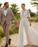 Runhufu White Two Pieces Wedding Dresses V Neckline Pants Suit Bridal Gowns Half Sleeve Bride Dress Beach 2024 Jumpsuit Boho