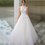 Runhufu High Neck Lace Wedding Dresses For Women 2023 Bride Bobo With Appliques illusion Button Design Bridal Gown Robe De Marié