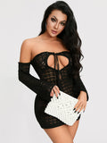 Runhufu Cutout Crochet Knit Mini Dress Women Sexy Off-Shoulder Long Sleeve Hollowed Tie-up Bandeau Tube Top Dress Beach Clubwear