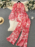 Runhufu Summer Vintage Beach Three Pieces Suits Ladies Oversize Blouse+Wide Legs Long Pants Pleated Loose Casual Print Sets