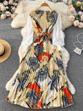 Runhufu Ethnic Style Print Dress Women Spring New Fashion Puff Sleeve Lace-up Design Sheath 2024 Retro A-Line Long Dress