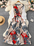 Runhufu Ethnic Style Print Dress Women Spring New Fashion Puff Sleeve Lace-up Design Sheath 2024 Retro A-Line Long Dress